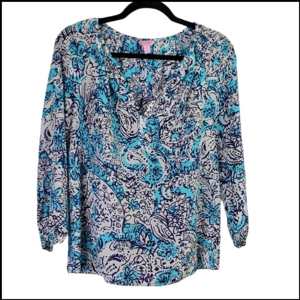 Lilly Pulitzer Sarabeth Blouse Womens Small Silk Shorley Blue Beachy Preppy  S‎